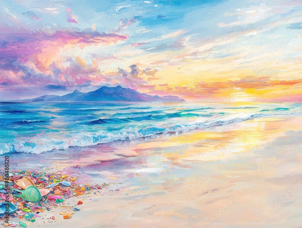 Long shot of a serene beach strewn with colorful ocean debris Long shot of a serene beach strewn with colorful ocean debris