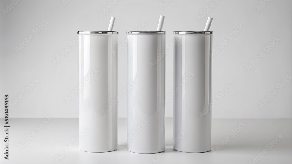 Three sleek white 20 oz skinny tumblers standing upright on a clean background, partially overlapping, showcasing a blank canvas for custom designs and branding. Three sleek white 20 oz skinny tumblers standing upright on a clean background, partially overlapping, showcasing a blank canvas for custom designs and branding.