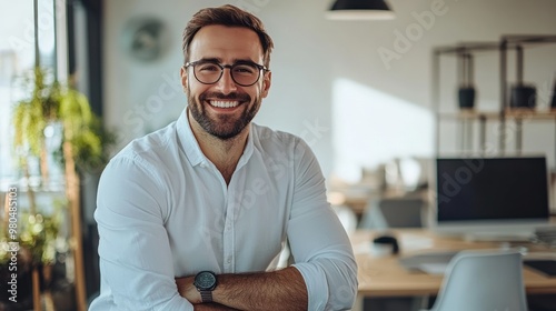 Cheerful businessman leaning on his office desk, looking at the camera, well-lit modern workspace 