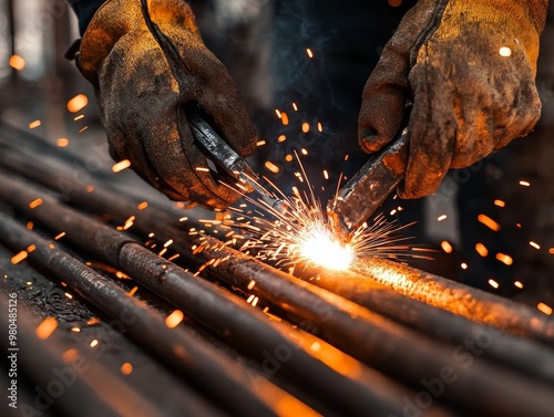 Close-up view of a skilled worker’s hands welding metal rods together, with intense sparks flying from the point of contact - ai photo