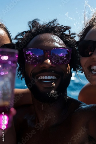 Young and diverse partygoers immortalize their revelry with a selfie that showcases their camaraderie and the infectious laughter of the African male. photo