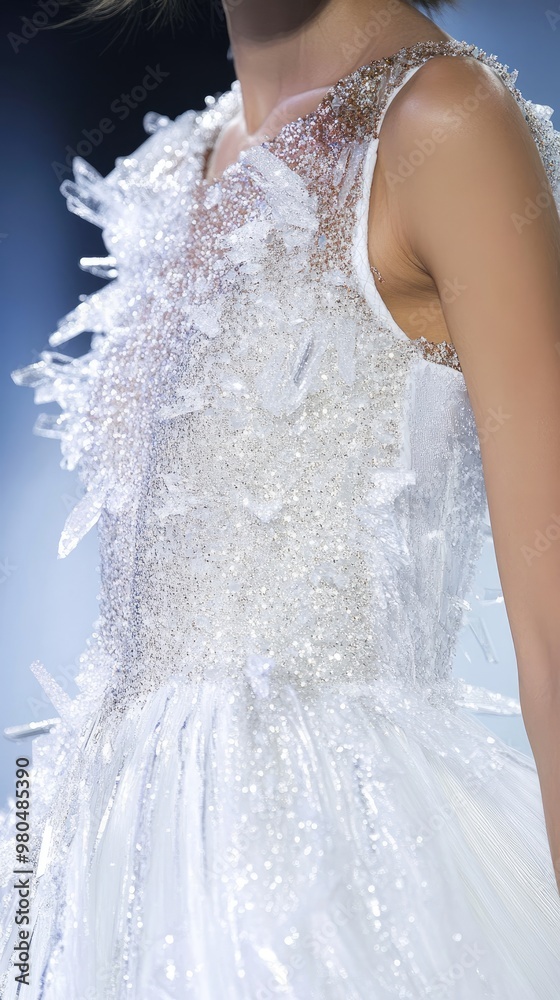 Close-Up of Elegant White Crystal Embellished Dress on Runway Model at Fashion Show Close-Up of Elegant White Crystal Embellished Dress on Runway Model at Fashion Show