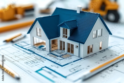 Architectural blueprint of a suburban house under construction symbolizing detailed planning precision in building design and the process of residential development