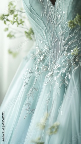 Elegant Light Blue Wedding Dress with Intricate Beading and Floral Embellishments