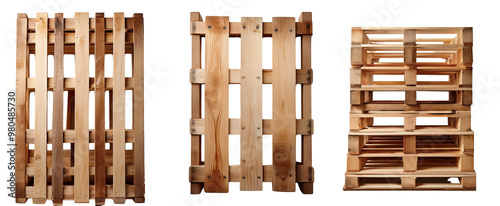 Three wooden pallets arranged in a row isolated on white background, useful for transport and storage themes in business contexts. photo