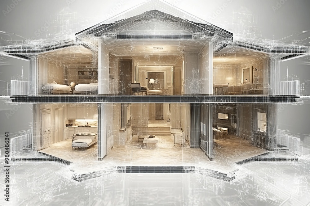 Transparent wireframe of a two story house showing the interior ...