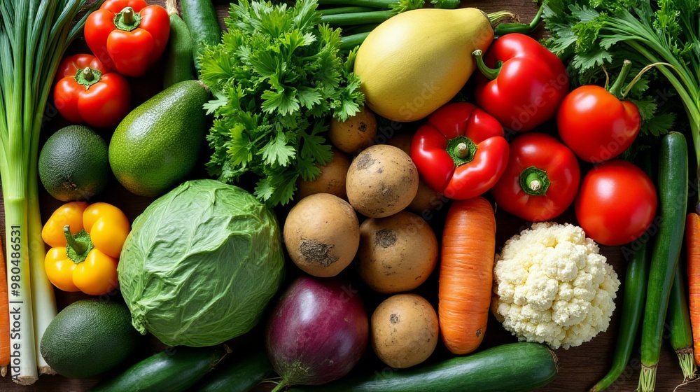 Vibrant and Diverse Array of Fresh Vegetables, Including Green Leeks, Ripe Avocados, Earthy Potatoes, Bright Bell Peppers, Crisp Cucumbers, Leafy Greens, Succulent Tomatoes and Other Vegetables Vibrant and Diverse Array of Fresh Vegetables, Including Green Leeks, Ripe Avocados, Earthy Potatoes, Bright Bell Peppers, Crisp Cucumbers, Leafy Greens, Succulent Tomatoes and Other Vegetables