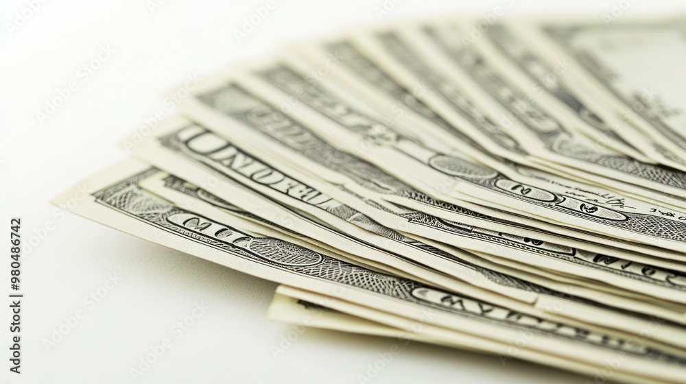 close-up of multiple folded hundred dollar bills fanned out in a semi-circle pattern on a plain white surface showcasing intricate details and texture ideal for economic and monetary themes close-up of multiple folded hundred dollar bills fanned out in a semi-circle pattern on a plain white surface showcasing intricate details and texture ideal for economic and monetary themes