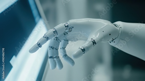 Close-up of robotic hand interacting with a touchscreen, illustrating the integration of AI and human-computer interaction Close-up photo with clean background photo