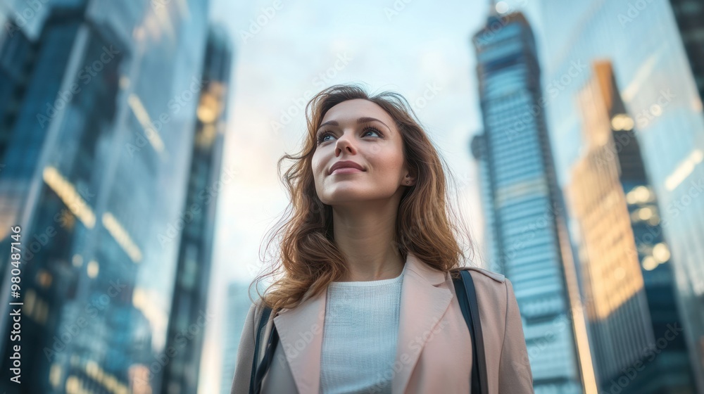 Confident businesswoman walking in a city with skyscrapers in the background Confident businesswoman walking in a city with skyscrapers in the background