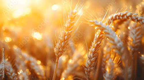 Golden wheat stalks glow in the warm sunset light, creating a serene and idyllic scene. photo