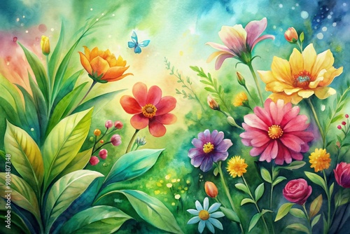 Vibrant watercolor ink painting featuring bright spring flowers and lush green leaves on an abstract background with soft, blended colors and gentle texture.