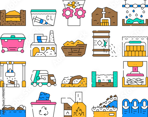 Solid Waste Management Business Icons Set Vector. Medical Garbage Disposal And Metals Sorting, Waste Industrial Processing And Pressing, Burial In Mountain And Underwater Contour Illustrations
