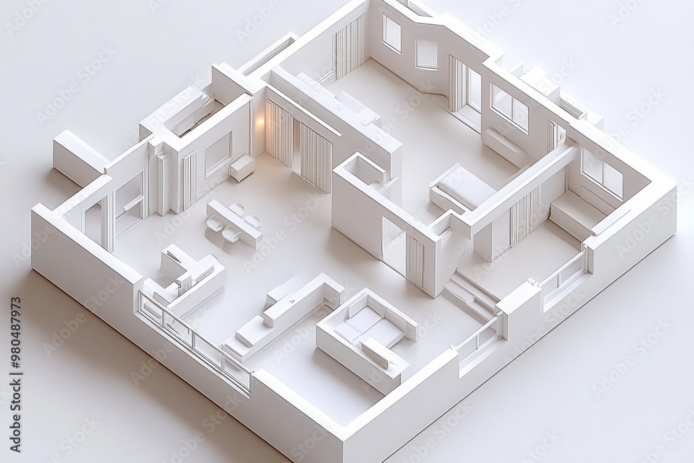 Fototapeta premium Minimalistic 3D rendering of a small white single room apartment symbolizing simplicity in design efficient space use and modern urban living solutions