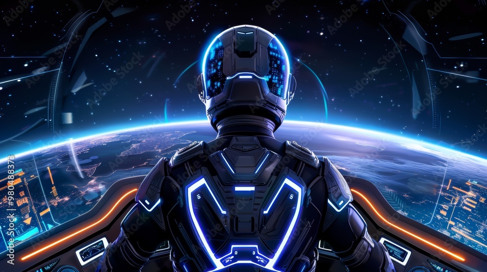 Fototapeta premium Astronaut in Spaceship Looking at Earth From Space