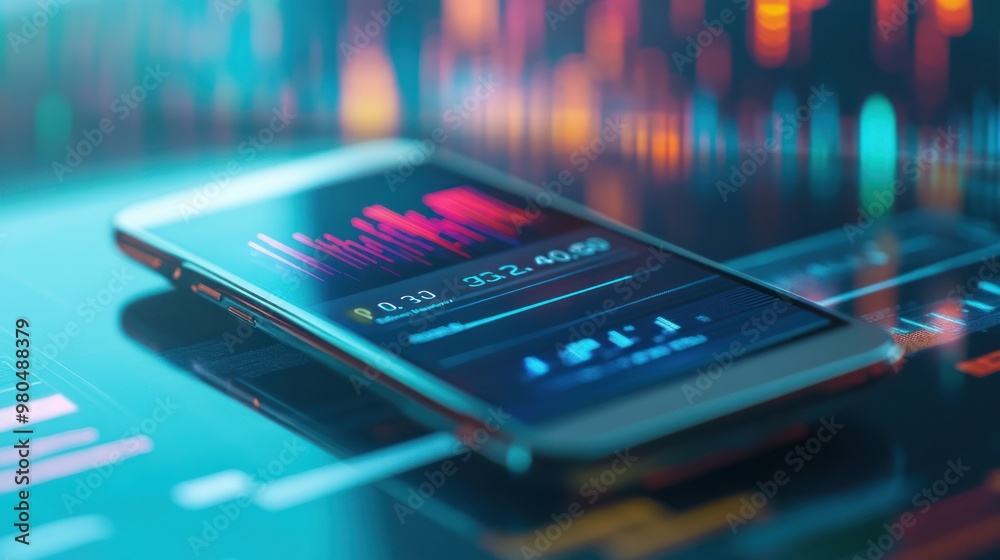 Digital wallet app open on a smartphone, with blurred financial data in the background, highlighting mobile banking technology Close-up photo with clean background Digital wallet app open on a smartphone, with blurred financial data in the background, highlighting mobile banking technology Close-up photo with clean background