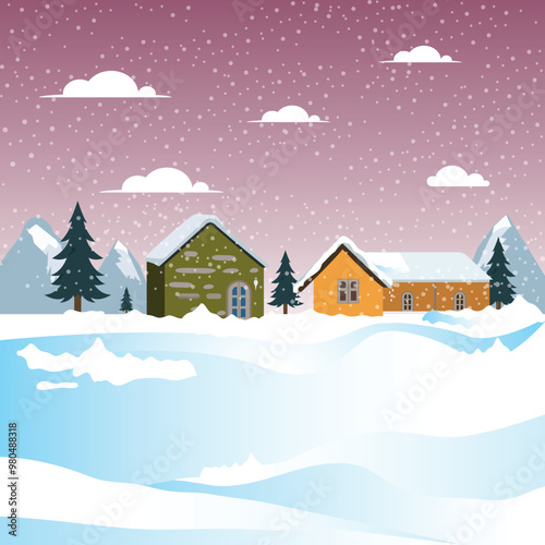 Panoramic oil painting illustration of winter wonderland in pink pastel background.The cute small village in Christmas day with snow.People skiing in mountain resort. Minimal winter landscape.