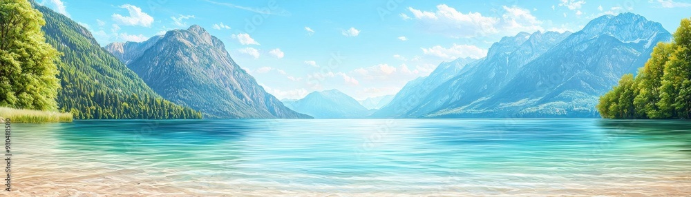 Wide-angle view of a serene, crystal-clear lake surrounded by towering mountains, soft pastel colors, oil painting style, Earth-friendly atmosphere Wide-angle view of a serene, crystal-clear lake surrounded by towering mountains, soft pastel colors, oil painting style, Earth-friendly atmosphere
