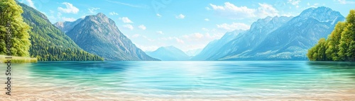 Wide-angle view of a serene, crystal-clear lake surrounded by towering mountains, soft pastel colors, oil painting style, Earth-friendly atmosphere