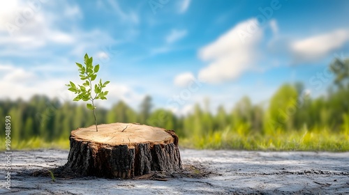 A small sprout emerges from a tree stump under a bright blue sky, symbolizing rebirth and the resilience of nature.