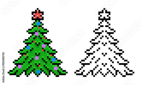 Christmas Tree Vector Illustration in Pixel Style
