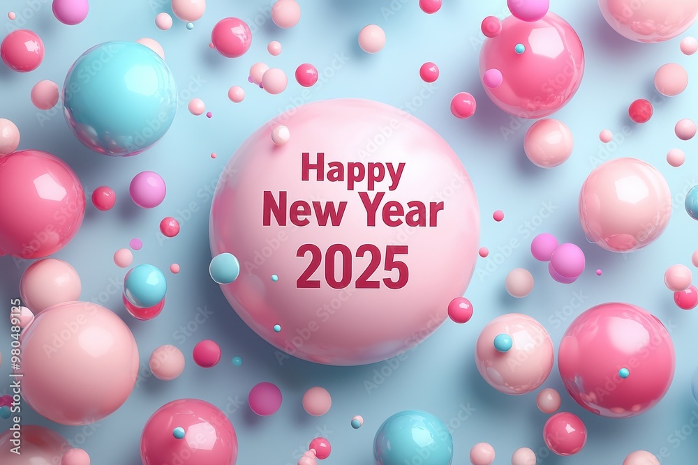 Happy New Year 2025 greeting with pink and blue spheres Happy New Year 2025 greeting with pink and blue spheres