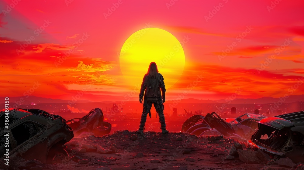 Silhouette of a Man Standing on a Hilltop with a Red Sunset and Wrecked Cars Silhouette of a Man Standing on a Hilltop with a Red Sunset and Wrecked Cars