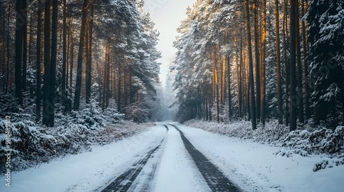 winter panorama on the road through coniferous forest