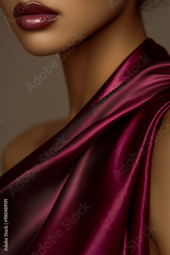 A close-up of a smooth, shiny burgundy fabric, likely satin or silk, highlighting its luxurious texture and elegant drapery