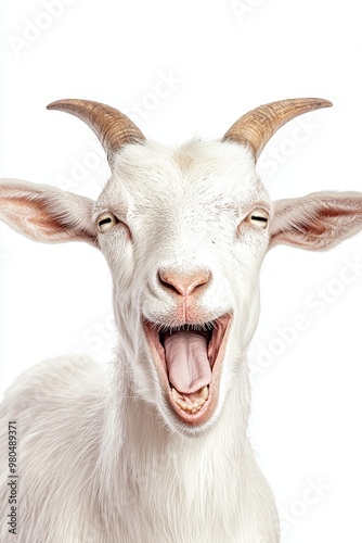 White goat grinning with an open mouth, sharp details and clean white background, humorous and playful animal photography, joyful farm life