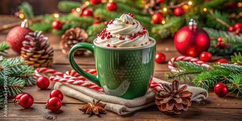 Festive holiday mug mockup featuring rich hot chocolate and fluffy whipped cream, adorned with red and green Christmas decorations and ample space for custom text. photo