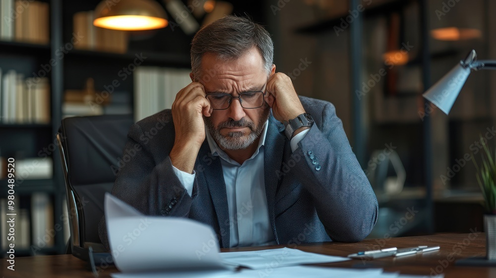 Experienced boss intensely scrutinizing a subpar report, clearly dissatisfied, seated at a polished desk with office background Experienced boss intensely scrutinizing a subpar report, clearly dissatisfied, seated at a polished desk with office background