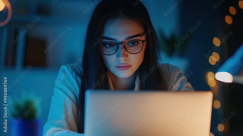 Female CEO working late at her startup office, focused on her laptop, surrounded by innovative designs and prototypes, determination in her eyes. Close-up photo with clean background Female CEO working late at her startup office, focused on her laptop, surrounded by innovative designs and prototypes, determination in her eyes. Close-up photo with clean background
