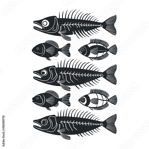 Fish skeleton set silhouette design