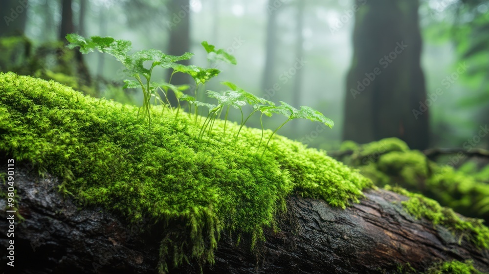 Fresh, velvety green moss growing on a fallen log, surrounded by a misty woodland environment, evoking a sense of tranquility Close-up photo with clean background Fresh, velvety green moss growing on a fallen log, surrounded by a misty woodland environment, evoking a sense of tranquility Close-up photo with clean background