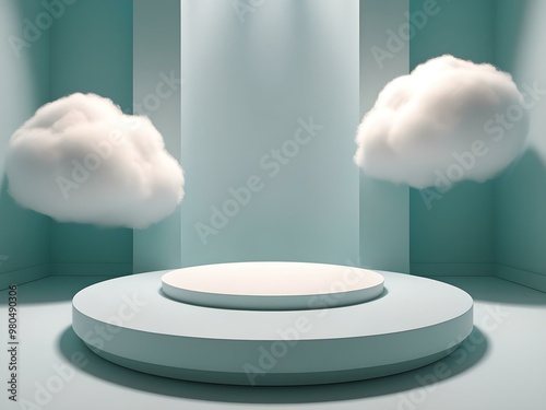 Wallpaper Mural a very beautiful 3-dimensional illustration of a podium decorated with floating clouds on a light blue and white background Torontodigital.ca