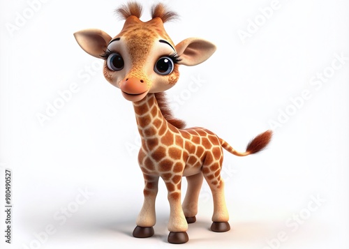 Adorable 3D giraffe cartoon stands alone on a clean white background, showcasing its bright brown fur, long eyelashes, and endearing facial expression.