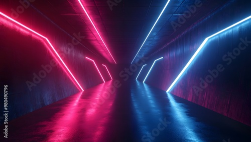 3D render, an abstract futuristic background with neon blue and red lights in a dark room.