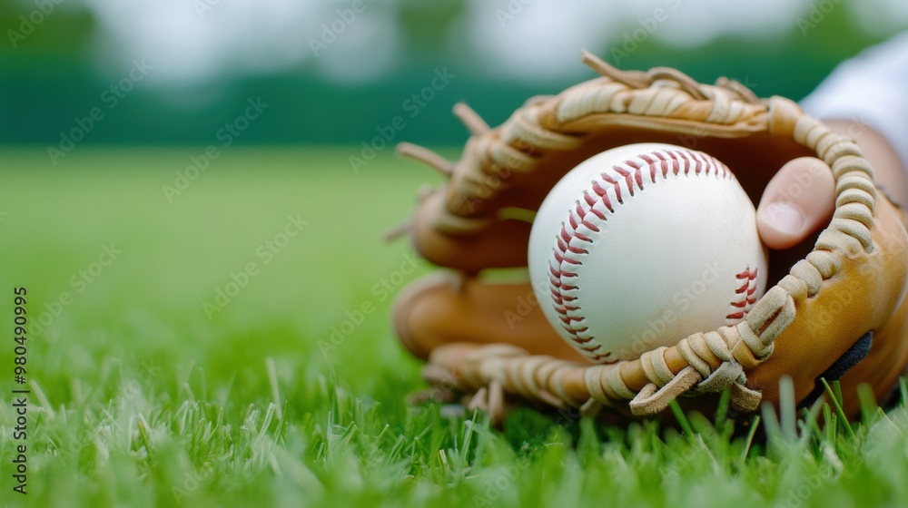A baseball in a mitt on the grass with someone's hand holding it, AI A baseball in a mitt on the grass with someone's hand holding it, AI