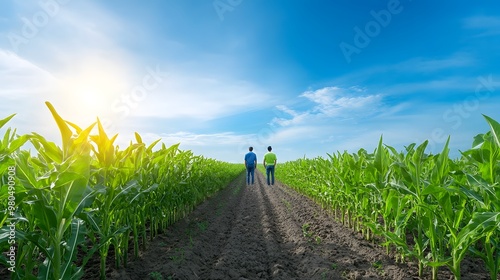 Farmers walking through a lush green cornfield under a bright blue sky, symbolizing growth, hope, and agricultural success.