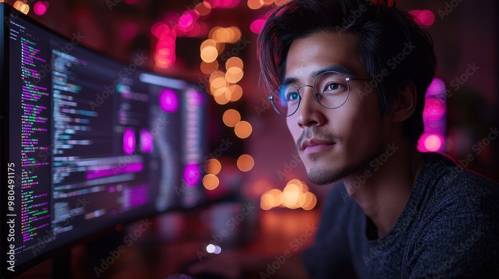 Focused Programmer Looking at Code on Computer Screen