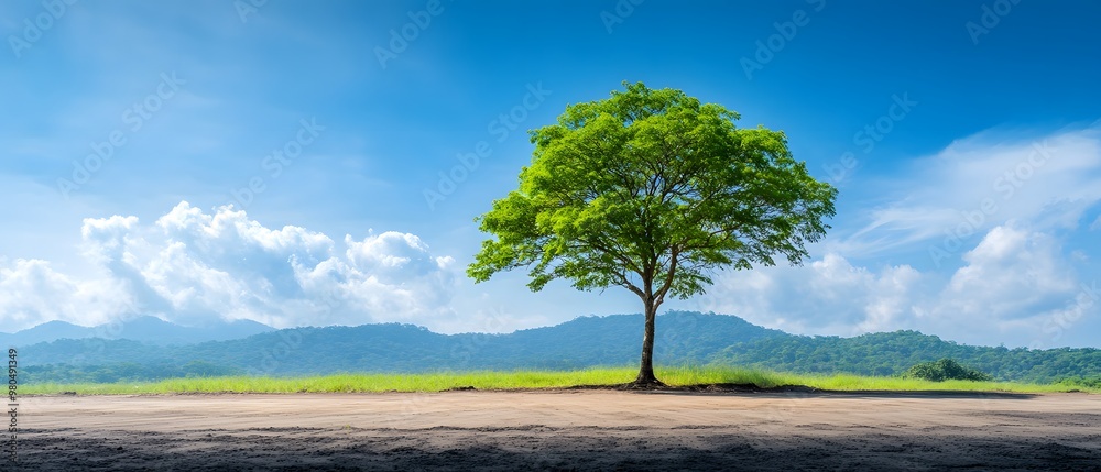 A vibrant green tree stands alone against a clear blue sky, surrounded by lush landscape and distant mountains. A serene natural scene. A vibrant green tree stands alone against a clear blue sky, surrounded by lush landscape and distant mountains. A serene natural scene.