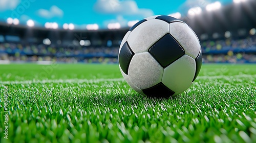 A soccer ball rests on the field, ready for action, as the stadium fades into the background.