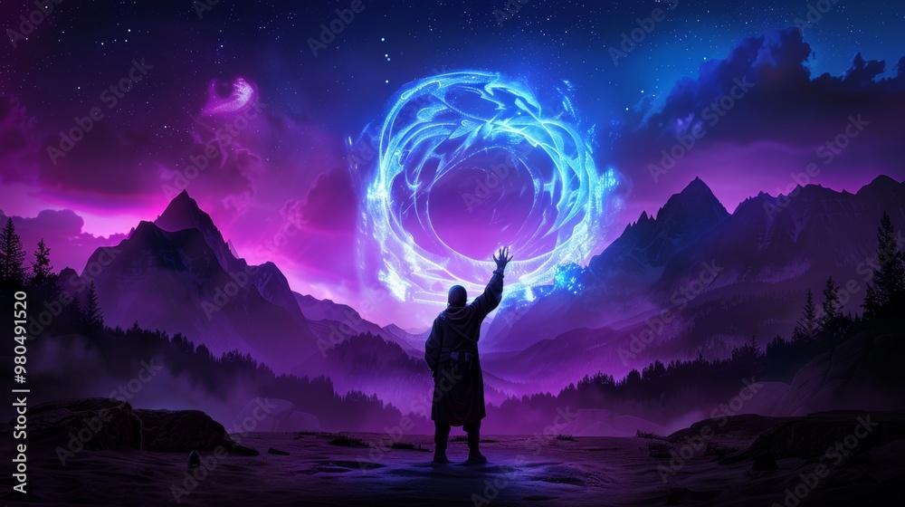 Mystical Silhouette of a Person Reaching Towards a Glowing Sphere in a Night Sky with Moun Mystical Silhouette of a Person Reaching Towards a Glowing Sphere in a Night Sky with Moun