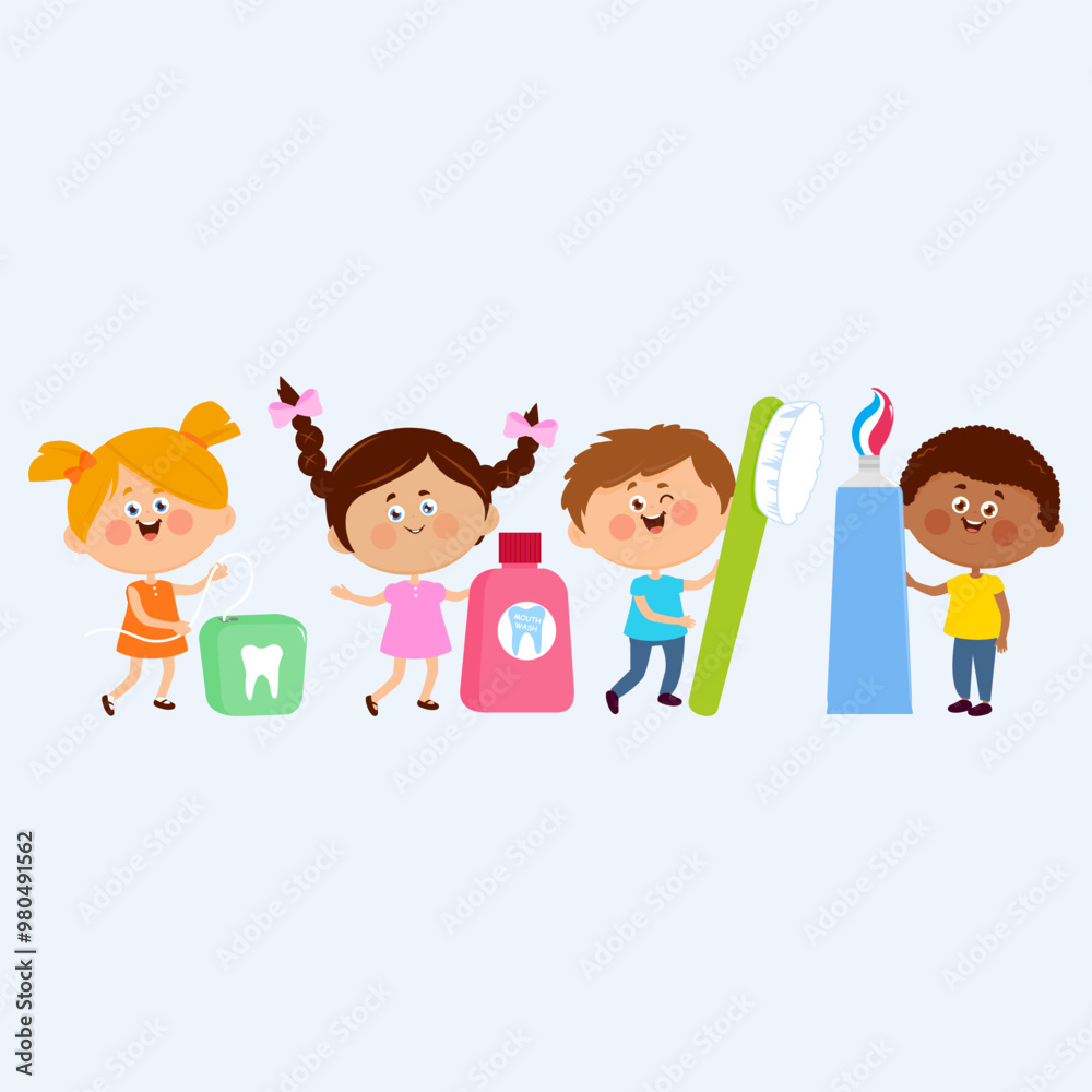 Happy children using dental hygiene objects. A toothbrush, toothpaste, dental floss and mouth wash. Kids at the dentist brushing teeth. Oral health care. Vector illustration Happy children using dental hygiene objects. A toothbrush, toothpaste, dental floss and mouth wash. Kids at the dentist brushing teeth. Oral health care. Vector illustration