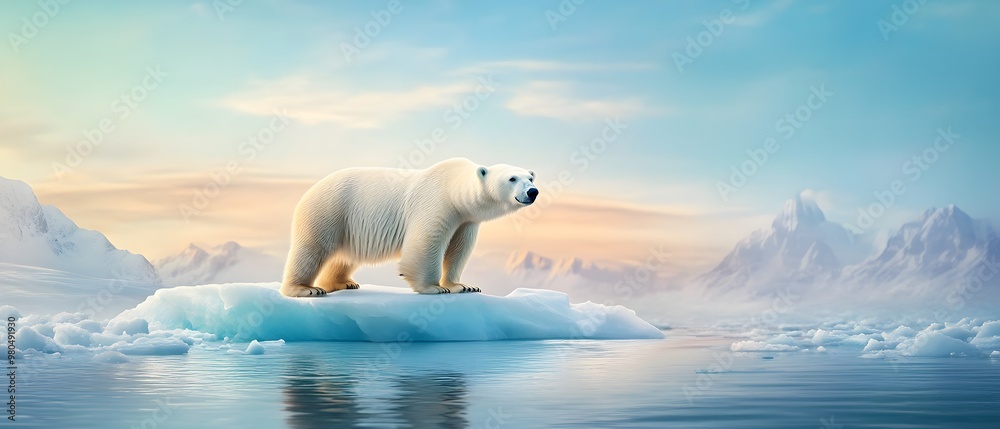 A majestic polar bear stands on an iceberg, surrounded by serene waters and a vibrant sky, highlighting the beauty of wildlife. A majestic polar bear stands on an iceberg, surrounded by serene waters and a vibrant sky, highlighting the beauty of wildlife.