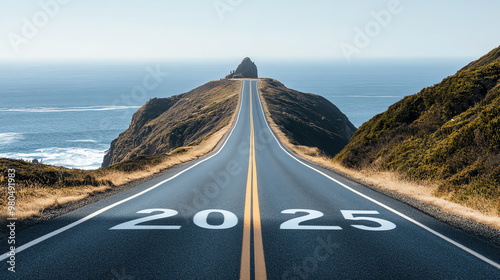 A scenic road leads towards a distant peak, symbolizing journey and future with the year 2025 painted on the asphalt.