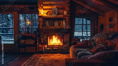 A warm and inviting cabin room at night with a glowing fireplace, creating a cozy and peaceful retreat in the heart of nature.
 Seamless looping 4k time-lapse virtual video animation Generated AI