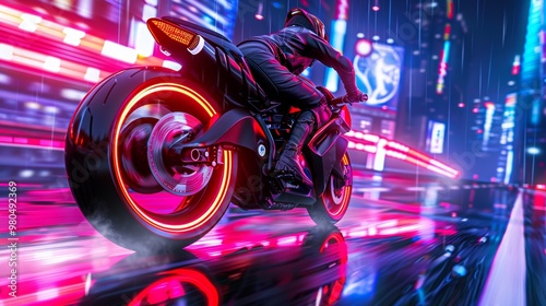 Futuristic Motorcycle Rider in Neon City at Night