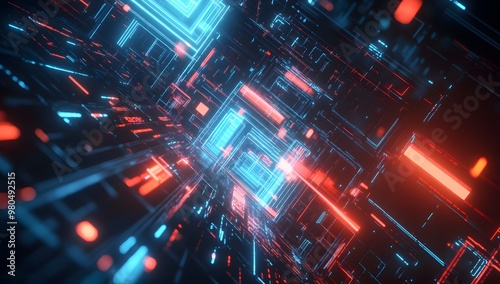 3D render, an abstract futuristic background with neon blue and red lights in a dark room. Tunnel 